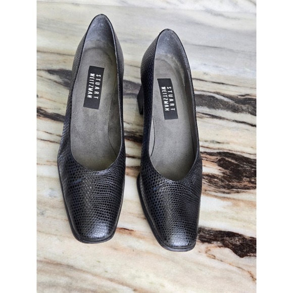 Stuart Weitzman Shoes - Stuart Weitzman Black Lizard Embossed Square‎ Toe Block Heel Pumps Mens Size 7M